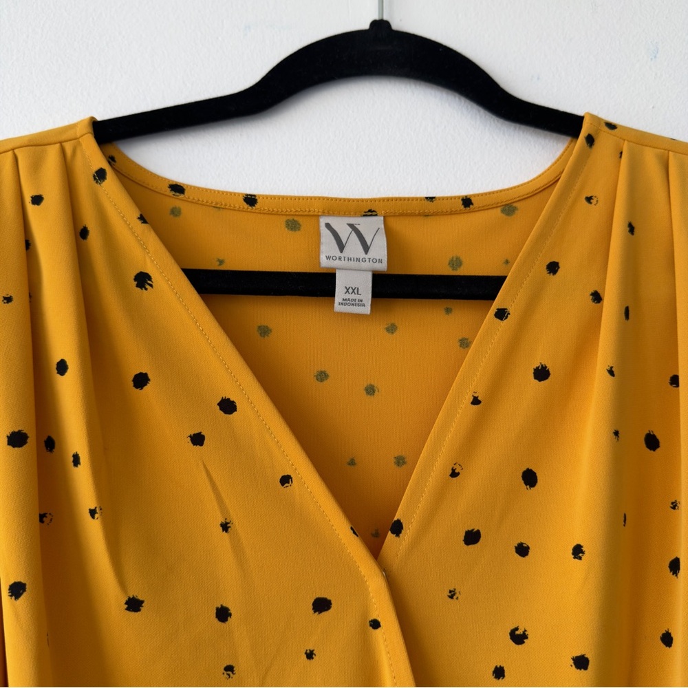 Mustard Yellow Polka Dot Wrap Front Blouse Worthington - Picture 2 of 7